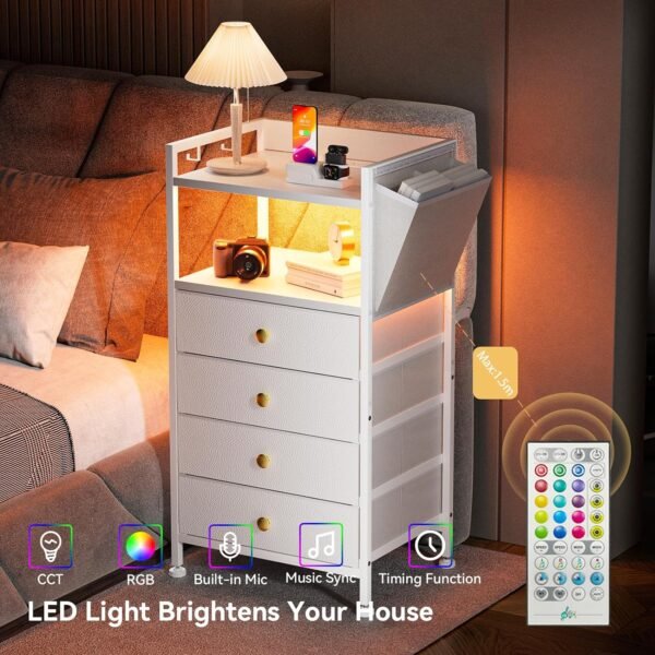 White Nightstand with Charging Station, LED Nightstand with 4 Fabric Storage Drawers, Small Dresser for Bedroom, Entryway, Hallway, College Dorm Furniture Tall Nightstand Bedside End Table - Image 5