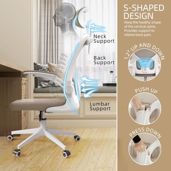 Ergonomic Office Chair, High Back Mesh Computer Desk Chair with Flip-up Arms, Adjustable Lumbar Support & Headrest, Swivel Rolling Task Chair for Home Office, Bedroom, Study, College Dorm khaki - Image 6