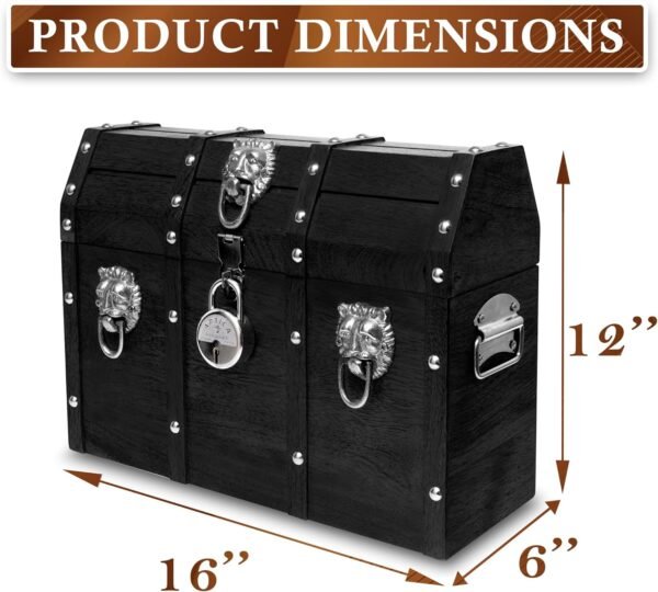 Handmade Pirate Treasure Chest with Lock and Keys - 16 x 12 Inch Vintage Wooden Storage Trunk with Hinged Lid - Antique Storage Decorative Box Made of Strong and Durable Mango Wood (Black) - Image 2