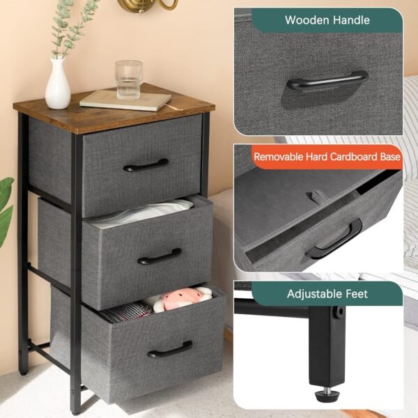 Yoobure Nightstand with 3 Fabric Drawers, Storage Drawers Small Dresser for Bedroom, Night Stands Bedside Tables Closet Drawers Dressers & Chests Organizer Unit Fabric Dresser for Hallway College Dorm - Image 4
