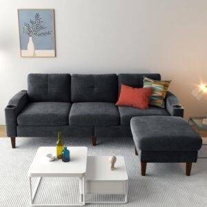 Sofa Couch, Sectional Couch Home Sofa for Living Room 3 Seater, Lounge Sofa with Ottoman, Couch with USB Charging & Cup Holders, L Shaped Modular Sectional Sofa for Office/Small Space, Black