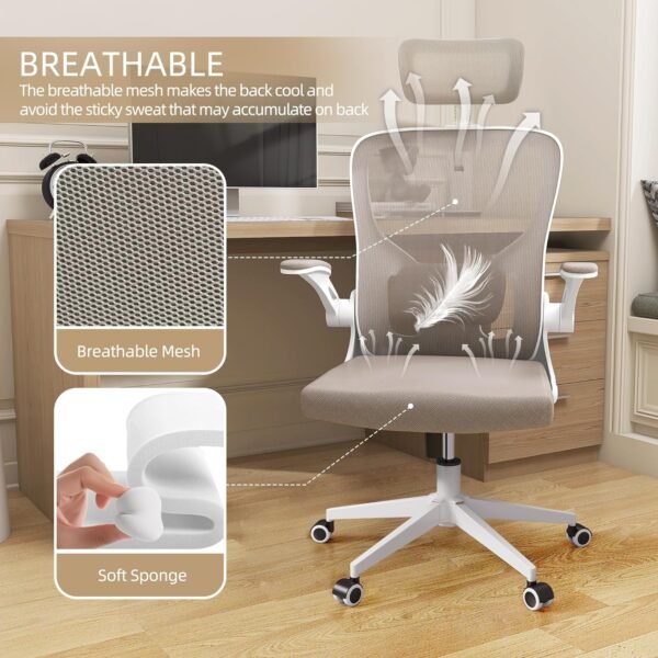 Ergonomic Office Chair, High Back Mesh Computer Desk Chair with Flip-up Arms, Adjustable Lumbar Support & Headrest, Swivel Rolling Task Chair for Home Office, Bedroom, Study, College Dorm khaki - Image 7