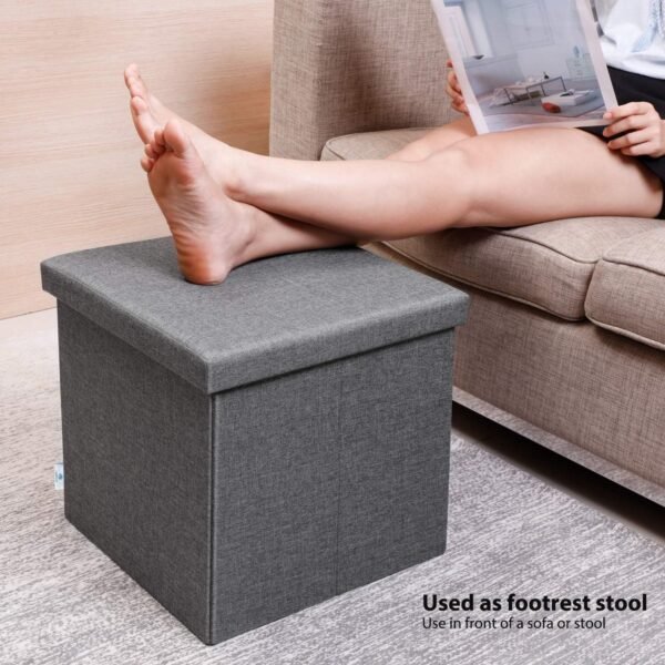 B FSOBEIIALEO Storage Ottoman with Tray, Small Ottomans Cube Folding Coffee Table Foot Stool Footrest Seat, Dark Grey Linen 16"X15.7"x15" - Image 2