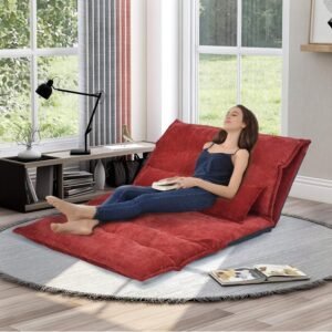 Adjustable Floor Couch, Foldable Lazy Sofa Bed with 5 Reclining Position, Fabric Lounge Chaise with Two Pillows for Traveling, Living Room and Bedroom (Red)