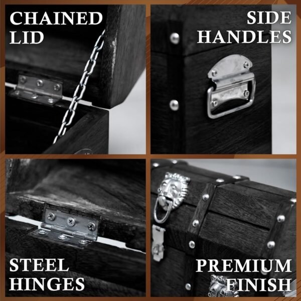 Handmade Pirate Treasure Chest with Lock and Keys - 16 x 12 Inch Vintage Wooden Storage Trunk with Hinged Lid - Antique Storage Decorative Box Made of Strong and Durable Mango Wood (Black) - Image 4