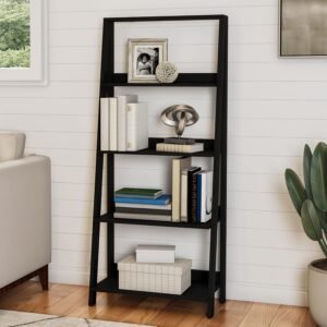 Lavish Home 4-Tier Ladder Bookshelf – Freestanding Shelved Bookcase with Leaning Look for Living Room, Bathroom, and Kitchen Storage (Black)