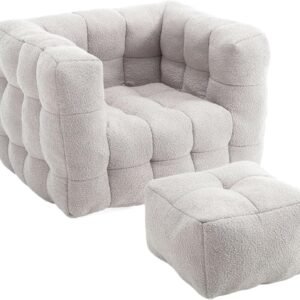 Bean Bag Chair – Comfy Lazy Chair with Memory Foam, Cozy BeanBag Chairs for Adults, Soft Accent Chair with Ottoman for Living Room and Bedroom (Plaid,Grey)