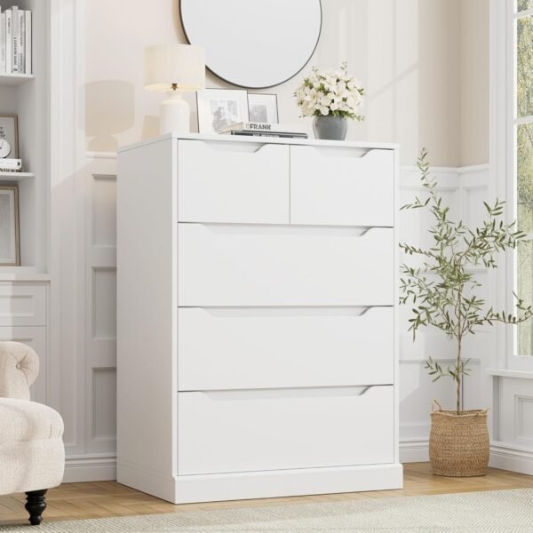 HOSTACK Modern 5 Drawer Dresser for Bedroom, Chest of Drawers with Storage, Wood Storage Chest Organizers with Cut-Out Handles, Accent Storage Cabinet for Living Room, Entryway, Hallway, White - Image 2
