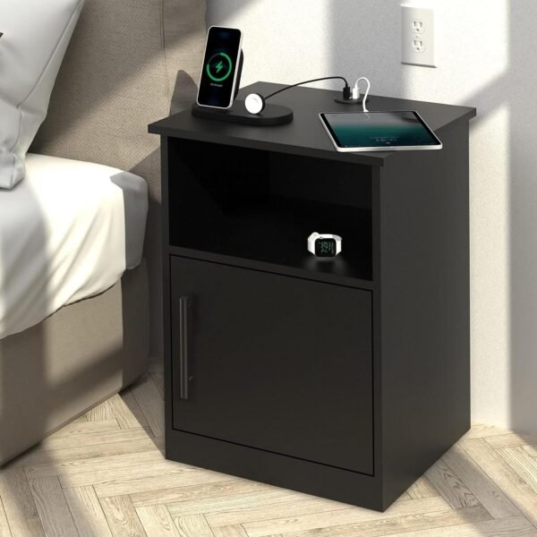 PrimeZone Modern Nightstand with 3 USB Ports -Waterproof Bedside Table with Cabinet & Open Storage, Night Stand with Charging Station, End Side Table Furniture for Bedroom, 16"D x 18"W x 24"H, Black - Image 2