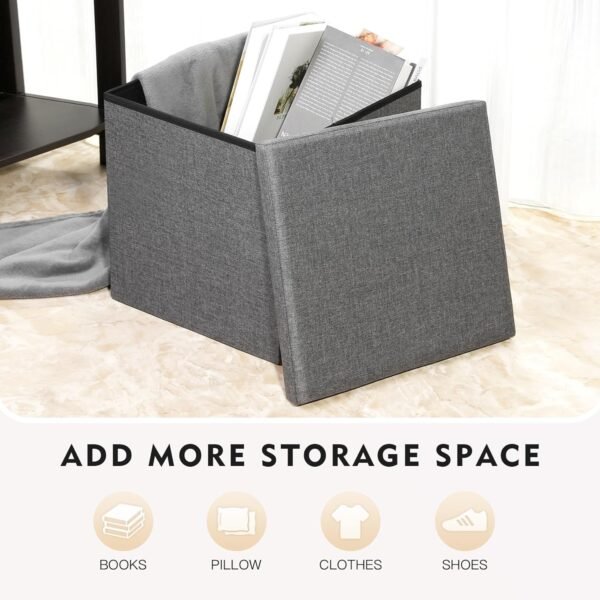 B FSOBEIIALEO Storage Ottoman with Tray, Small Ottomans Cube Folding Coffee Table Foot Stool Footrest Seat, Dark Grey Linen 16"X15.7"x15" - Image 4