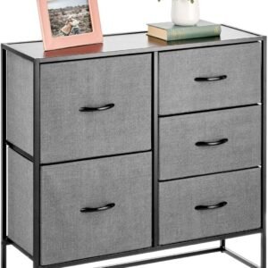mDesign Tall Modern 5-Drawer Dresser Storage Chest – Sturdy Steel Frame, Wood Top, Easy Pull Fabric Bins/Wood Handles – Organizer Unit for Bedroom, Hallway, Entryway, Closets – Charcoal Gray