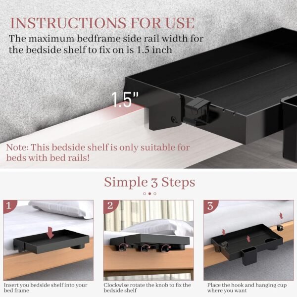 SOLEJAZZ Bedside Shelf, Foldable Bunk Bed Shelf Clip On Nightstand Tray College Dorm Room Essential Table Caddy with Cup & Cord Holder for Top Bunk Organizer Bedroom, Normal Size, Black - Image 7