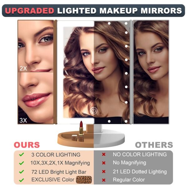 RoLeDo 3 Folds Lighted Vanity Makeup Mirror, 2X/3X 10X Magnification, 72 LED Lights Desk Mirror with Touch Screen 3 Color Lighting, Portable Cosmetic Mirror, Gifts for Women, Teen Girls, Leopard Print - Image 2