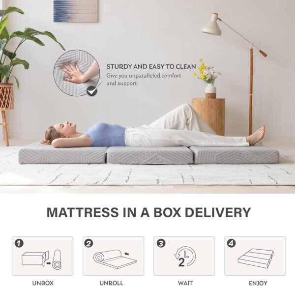 Tri-Fold Memory Foam Mattress, 4 inch Twin XL Folding Mattress with Collapsible and Washable Cover, Travel and Guest Mat, 80"×38"×4", Grey - Image 7