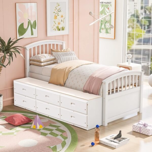 SOFTSEA Twin Storage Bed with 6 Drawers, Captain Bed for Kids Teens, Platform Bed with Headboard for Bedroom, Solid Wood Bed Frame, White