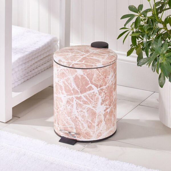 mDesign Metal 1.3 Gallon/5 Liter Round Step Trash Wastebasket, Garbage Container Bin with Lid for Bathroom, Powder Room, Bedroom, Kitchen, Craft Room, Office - Removable Liner Bucket - Pink Marble - Image 2