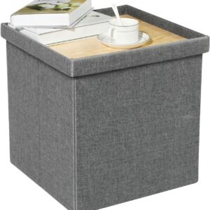 B FSOBEIIALEO Storage Ottoman with Tray, Small Ottomans Cube Folding Coffee Table Foot Stool Footrest Seat, Dark Grey Linen 16″X15.7″x15″