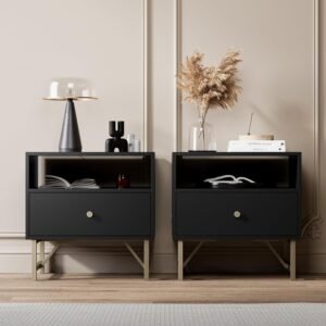 Cozy Castle Nightstand Set of 2, Modern Nightstand with Drawer, Side Table with Open Space, End Table with Storage, Bed Side Table for Bedroom, Side Table for Bedroom, Living Room, Black