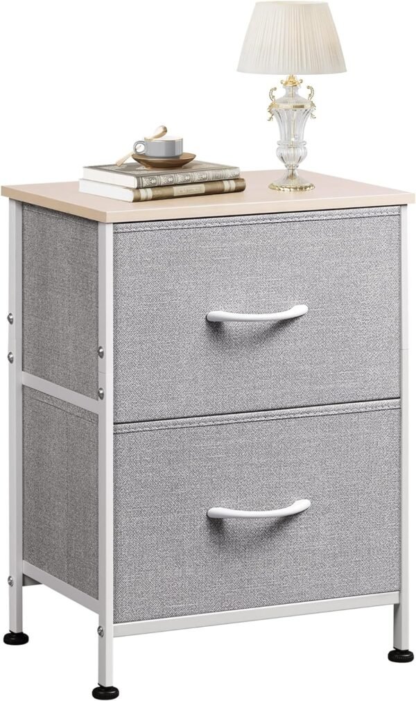 WLIVE Night Stand, Gray Nightstand with 2 Fabric Drawers, Small Dresser for Bedroom, Closet, College Dorm, End Table Side Furniture, Wood Top, Light Grey