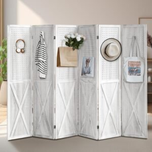6 Panel Room Divider with 24 Hooks, Pegboard Display Wood Room Divider Folding Privacy Screens, Room Divider Peg Board Display for Trade Show Craft Show Home Wall Organizer, Retro White