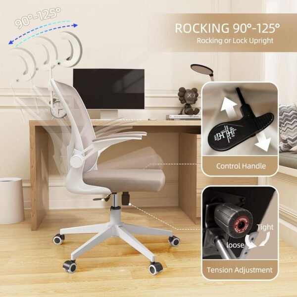 Ergonomic Office Chair, High Back Mesh Computer Desk Chair with Flip-up Arms, Adjustable Lumbar Support & Headrest, Swivel Rolling Task Chair for Home Office, Bedroom, Study, College Dorm khaki - Image 4