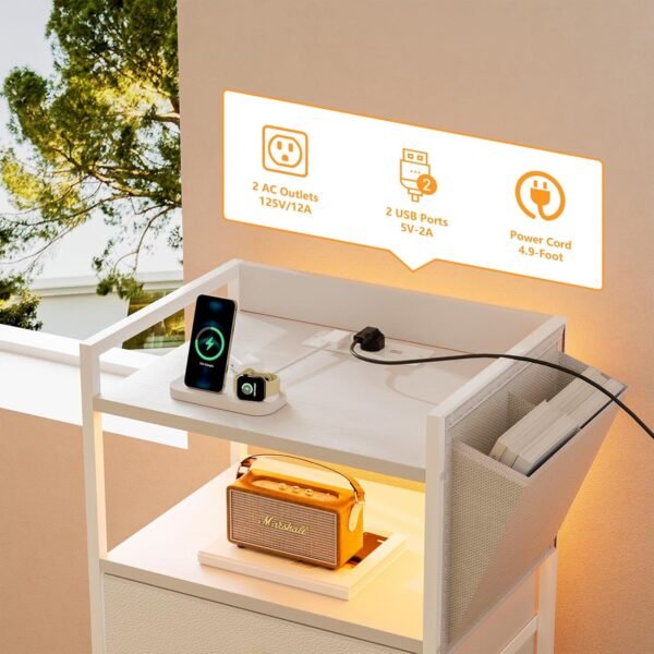 White Nightstand with Charging Station, LED Nightstand with 4 Fabric Storage Drawers, Small Dresser for Bedroom, Entryway, Hallway, College Dorm Furniture Tall Nightstand Bedside End Table - Image 6