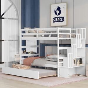 Twin Over Twin Bunk Bed with Trundle and Stairs Storage, Wooden BunkBed Convertible Into 2 Bedframe, for Kids Teens, White