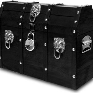 Handmade Pirate Treasure Chest with Lock and Keys – 16 x 12 Inch Vintage Wooden Storage Trunk with Hinged Lid – Antique Storage Decorative Box Made of Strong and Durable Mango Wood (Black)