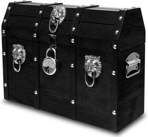 Handmade Pirate Treasure Chest with Lock and Keys - 16 x 12 Inch Vintage Wooden Storage Trunk with Hinged Lid - Antique Storage Decorative Box Made of Strong and Durable Mango Wood (Black)