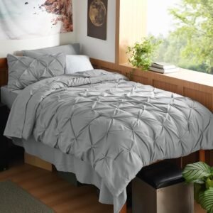 Bedsure Twin XL Comforter Set – Extra Long 5 Pieces Dorm Bedding Sets, Pinch Pleat Grey Bed in a Bag with Comforter, Sheets, Pillowcase & Sham