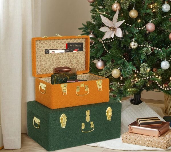 HofferRuffer Velvet Storage Trunk with wood Frame, Set of 2 bedroom Storage Chest with Handles, Organizer Decorative Box Hinged Lid with Gold Hardware Accents (Orange/Green) - Image 3
