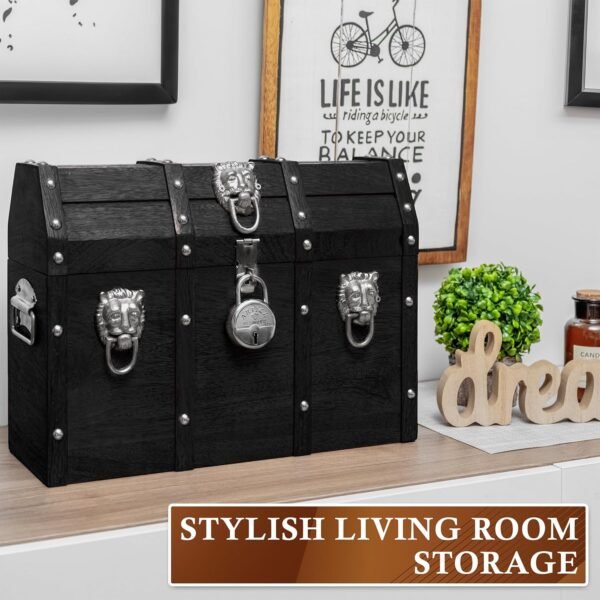 Handmade Pirate Treasure Chest with Lock and Keys - 16 x 12 Inch Vintage Wooden Storage Trunk with Hinged Lid - Antique Storage Decorative Box Made of Strong and Durable Mango Wood (Black) - Image 6