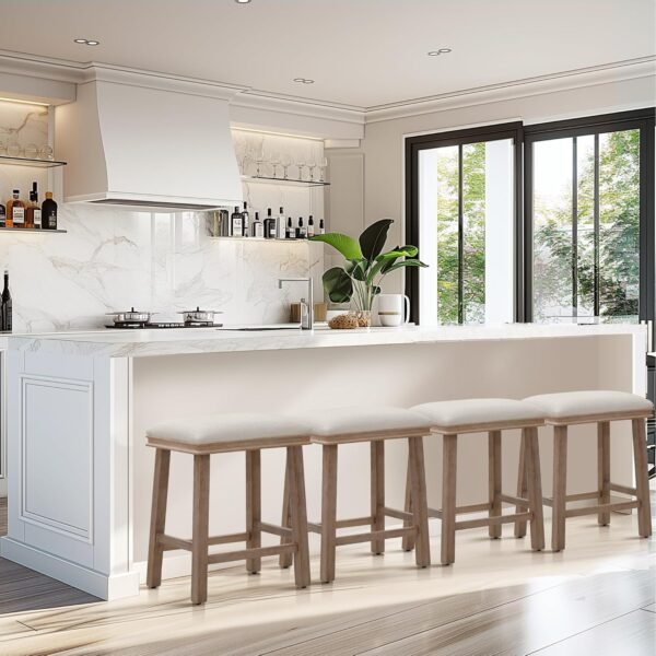 MAISON ARTS Off White Counter Height 24 inch Bar Stools Set of 3 for Kitchen Counter Solid Wood Legs with Faux Leather Padded Seat Farmhouse Barstools for 34"-38" Counter Island Upholstered Stools - Image 7