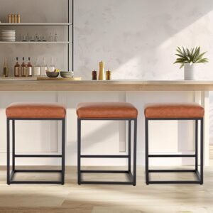 Brown Counter Height Bar Stools Set of 3 for Kitchen Counter 24 Inch Backless Modern Barstools Industrial Upholstered Faux Leather Stools Farmhouse Island Chairs,Support 330 LBS, Brown