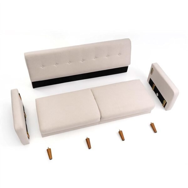 Mellow ADAIR Mid-Century Modern Loveseat / Sofa / Couch with Armrest Pockets, Tufted Linen Fabric, Ivory - Image 11