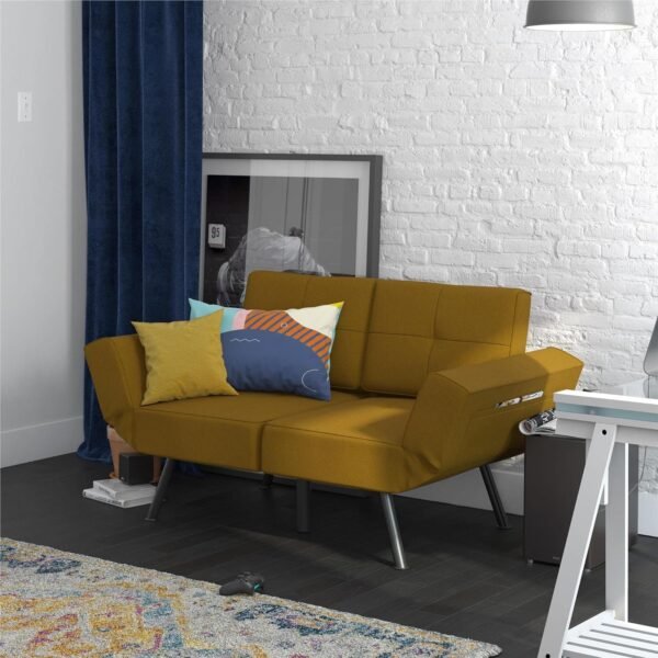 REALROOMS Euro Upholstered Tufted Loveseat Futon with Storage Pockets, Mustard Yellow - Image 4