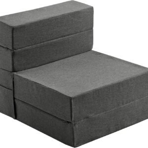 Single Size Folding Lazy Sofa Bed – Convertible Floor sofa with Two Large Pockets Lounge Chaise – Memory Foam Floor mattress Foldable for Living Room/Dorm/Guest/Home Office/Apartment (Dark Grey)