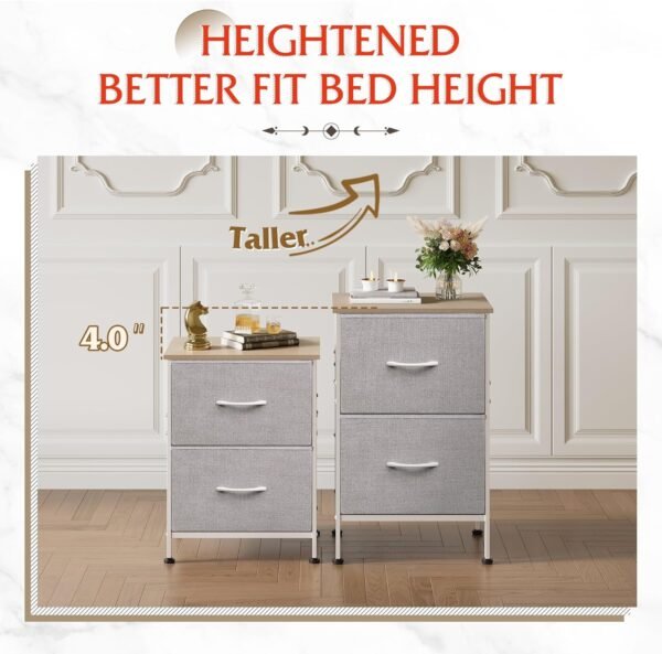 WLIVE Nightstand, Nightstand with 2 Drawers, Bedside Furniture, Night Stand, Small Dresser for Bedroom, College Dorm, End Table with Fabric Bins, Dormitory, Light Grey, Size L - Image 6