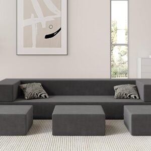 80” Folding Bed Couch, Velvet Floor Sofa Bed with 3Ottomans& Washable Cover, Multifunctional Foam Couch, Fold Out Futon Sleeper for Guest/Living Room/Playroom, Queen, Dark Gray