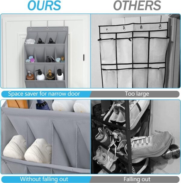 Over the Door Shoe Organizer,24 Pockets Door Shoe Organizer Hanging, Narrow Door Shoe Rack with 6 Hooks, Hanging Shoe Organizer for Dorm Closet Door, Space Saving Shoe Holder Back of Door,Grey - Image 6