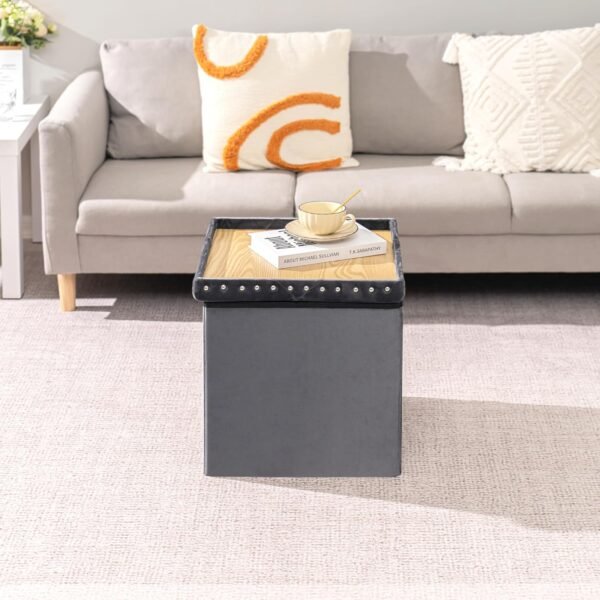 B FSOBEIIALEO Storage-Ottoman Cube-Folding Tufted - Ottomans with Storage, Coffee Table Top Cover, Toy Chest Storage Boxes Footrest stool for Bedroom, Luxury Velvet Fabric 15.7 Inches Grey - Image 7