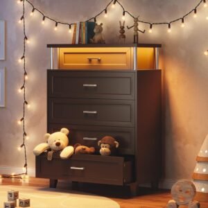 AOGLLATI Black Dresser for Bedroom with Column Design, Dressers & Chests of Drawers, 5 Drawer Dresser with Cladding Process Design, Modern Tall Bedroom LED Dresser for Bedroom