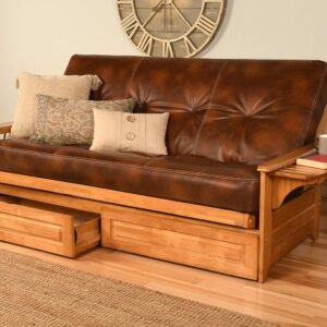 Kodiak Furniture Phoenix Full Size Futon in Butternut Finish with Storage Drawers, Oregon Trail Saddle