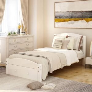 P PURLOVE Platform Twin Bed Frame with Storage Drawer and Wood Slat Support No Box Spring Needed, White