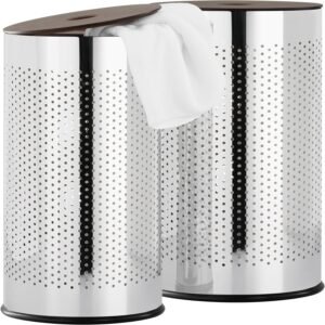 Torre & Tagus Metro Chrome Metal Nested Breathable Laundry Hamper Baskets with Wooden Lids, Set of 2