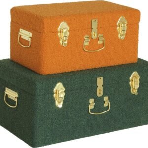 HofferRuffer Velvet Storage Trunk with wood Frame, Set of 2 bedroom Storage Chest with Handles, Organizer Decorative Box Hinged Lid with Gold Hardware Accents (Orange/Green)