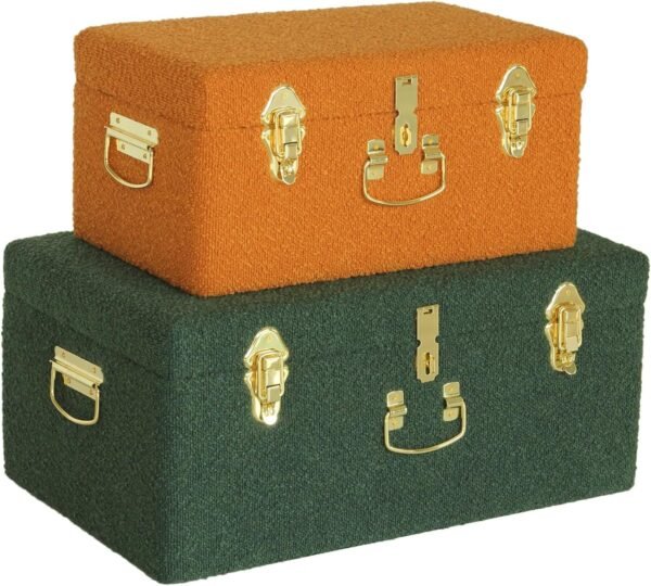 HofferRuffer Velvet Storage Trunk with wood Frame, Set of 2 bedroom Storage Chest with Handles, Organizer Decorative Box Hinged Lid with Gold Hardware Accents (Orange/Green)