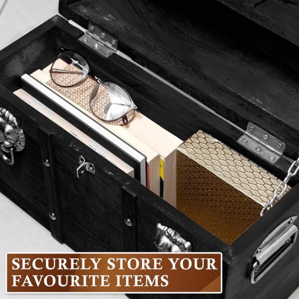 Handmade Pirate Treasure Chest with Lock and Keys - 16 x 12 Inch Vintage Wooden Storage Trunk with Hinged Lid - Antique Storage Decorative Box Made of Strong and Durable Mango Wood (Black) - Image 5