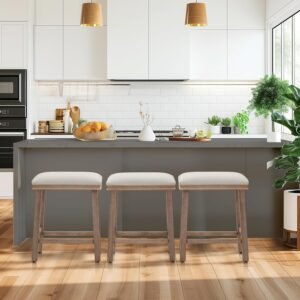 MAISON ARTS Off White Counter Height 24 inch Bar Stools Set of 3 for Kitchen Counter Solid Wood Legs with Faux Leather Padded Seat Farmhouse Barstools for 34″-38″ Counter Island Upholstered Stools