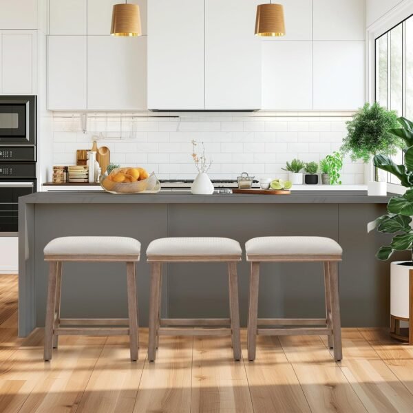 MAISON ARTS Off White Counter Height 24 inch Bar Stools Set of 3 for Kitchen Counter Solid Wood Legs with Faux Leather Padded Seat Farmhouse Barstools for 34"-38" Counter Island Upholstered Stools